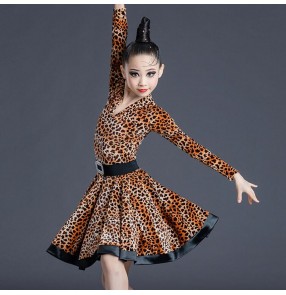 Girls velvet leopard purple black latin dance dresses for kids salsa rumba ballroom dance dress latin dnace costumes for children 