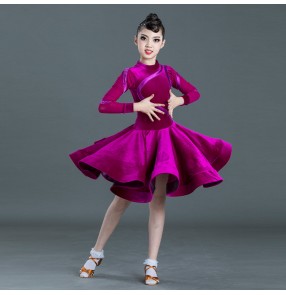 Girls velvet purple colored competition latin dance dresses ballroom salsa chacha rumba dance dresses