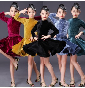 Girls velvet striped competition latin dance dresses black wine blue colored latin salsa rumba chacha dance dresses for kids