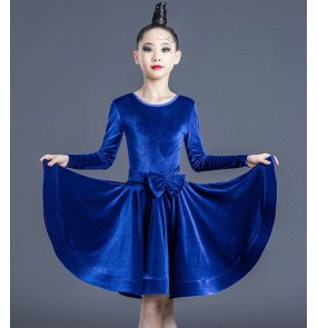 Girls velvet wine royal blue latin dance dresses for kids long sleeves salsa latin dance costumes for children