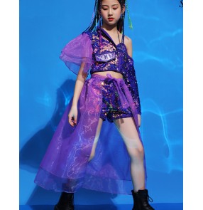 Girls violet colored Fashion model catwalk show clothes children jazz dance tuxedo costumes Hip hop girl gogo dancers dance outfits