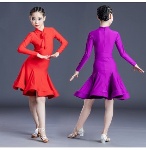 Girls violet red Latin ballroom dance dress for children's long-sleeved suit training competition performance professional dance costumes for kids