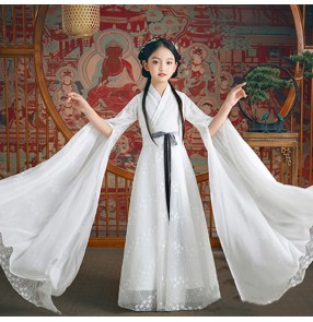 Girls water sleeves hanfu white fairy dress Guzheng performance costume children's Chinese style fairy princess classical dance dresses