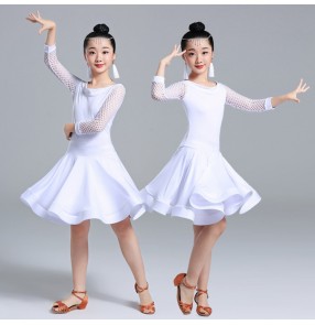 Girls white colored ballroom latin dance dresses stage performance competition rumba chacha salsa dance dresses skirts