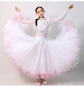 girls White colored  diamond competition professional ballroom dancing dresses rhinestones waltz tango flamenco dance dresses