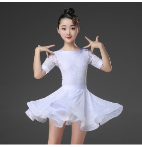 Girls white colored latin dance dresses stage performance rumba chacha salsa dance skirts dresses