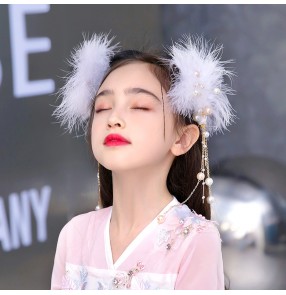 Girls White feather Fairy Hanfu dress headdress chinese traditional Han Tang Dynasty princess side hairpin hair ornaments stage performance model catwalk Hair clip