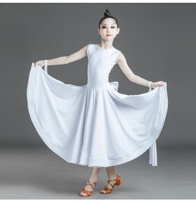 Girls white lace ballroom dance dress for kids back with bowknot ballroom latin dance dress for girls stage performance ballroom dance costumes