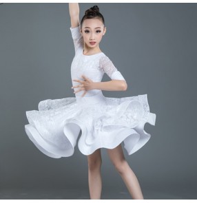 Girls white lace latin ballroom dancing dresses kids children rumba samba training chacha latin dance dresses