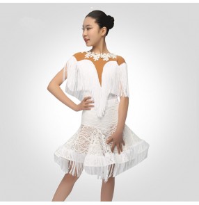 Girls white latin dance dresses bling stones children ballroom rumba chacha salsa competition stage performance dance dresses skirts