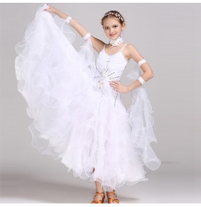 Girls white pink red ballroom dance dresses kids children stage performance competition professional ballroom dance skirts waltz tango dance dresses