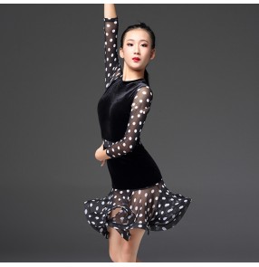 Girls white polka dot latin dresses velvet black ballroom long sleeves competition salsa chacha rumba dancing costumes