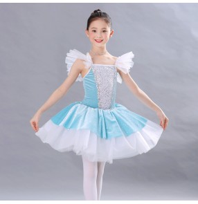Girls white with blue velvet tutu skirts sequined ballet dance dresses stage performance modern dance ballet dance costumes for kids 