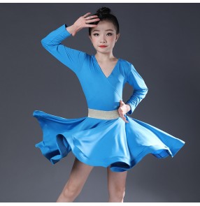 Girls wine blue long sleeves latin dance dress kids stage performance modern dance salsa rumba chacha dance dress costumes for kids