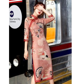 Girls women red black printed chinese dresses traditional cheongsam qipao dresses mid-length dress half sleeves suede show host singers miss etiquette cheongsam