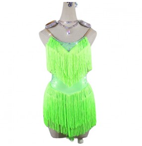 Girls women's neon green tassels competition latin dance dress rhinestones rhythm samba salsa chacha dance dress