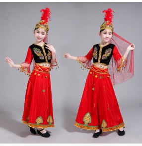 Girls xinjiang dance dresses uyghur minority stage performance dresses red colored drama chinese folk dance costumes