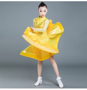 Girls yellow competition latin dresses long sleeves ballroom dancing dresses latin dance dresses costumes