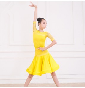 Girls yellow lace competition latin dance dresses stage performance ballroom salsa rumba chacha dance dresses costumes