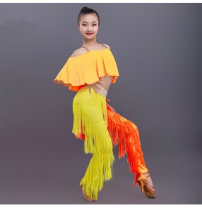 Girls yellow with orange tassels kids latin dance dress salsa chacha rumba dance costumes tops and tassels pants