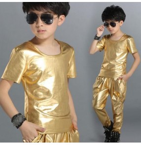 Gold black leather short sleeves fashion boys kids children performance school play harem pants hip hop jazz dj ds singer dance costumes outfits dance wear 