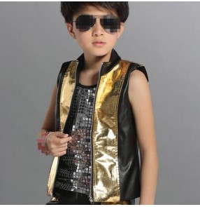 Gold black patchwork sleeveless turtle neck boys kids leather motor cycle fashion  school play children stage performance jazz dj singer hip hop dancing waistcoat vest tops 