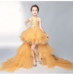 Gold girls evening dress girls birthday party celebration flower girls model show stage performance singers chorus pianist competition trailing  princess dresses