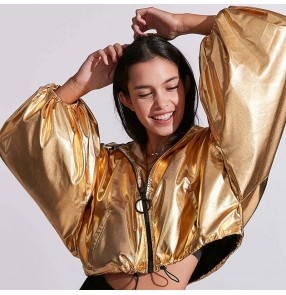 Gold glitter patent dance hiphop street dance hoodies short jackets for women girls Modern gogo dancers dance jazz dance costume female jacket ds performance top