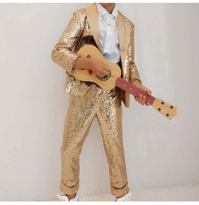 Gold jazz dance costumes kids children boy stage performance  singers party show model photos drummer competition outfits coat and pants