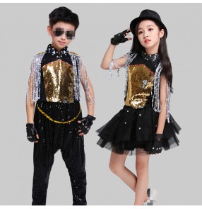 Gold modern dance hiphop street dance costumes for girls boys jazz dance stage performance singers gogo dancers competition outfits dresses