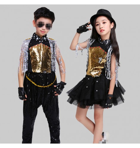 Gold Modern Dance Hiphop Street Dance Costumes For Girls Boys Jazz