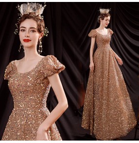 Gold sequins puff sleeve banquet piano performance Dresses Conductor cantata bel canto solo wedding evening party dress