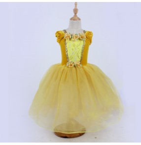 Gold yellow velvet modern ballet dance dresses tutu skirt for girls kids baby toddlers ballerina ballet dance costumes for children