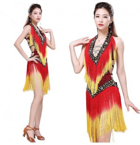 Gradient fringes women's leopard latin dance dresses salsa rumba chacha dance dresses