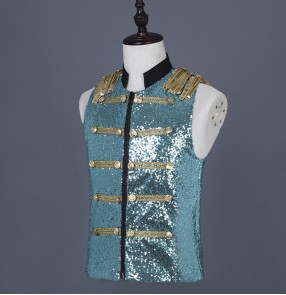 Green blue sequins jazz dance vest waistcoat for men night bar singers host stage performance hiphop street gogo dancers performing vest for male