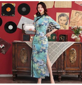 Green floral chinese dress retro qipao dress chinese cheongsam oriental style model show performance dress