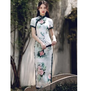 Green flowers lace Chinese dresses for women girls Young cheongsam oriental qipao dresses long retro old Shanghai female Republican style dress