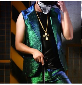 Green glitter men's modern jazz dance waistcoat model stage performance hiphop singers barber pole dance waistcoats vests
