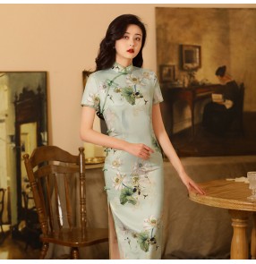 Green Lotus printed floral Chinese Dresses for women girls Qipao retro oriental cheongsam for woman Chinese traditional photos shooting waiter miss host singer old shanghai dresses for woman