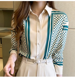 Green Polka-dot shirt office lady blouses women's long-sleeved tops chiffon spring slim all-match shirt