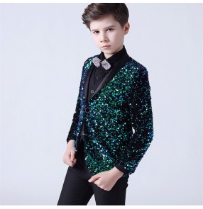 Green sequin jazz dance coats for boy kids singers host chorus stage performance suit coat for children model show flower boys performing blazers