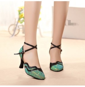 Green Sequin Latin ballroom Dance Shoes for women Adult salsa chacha modern Dance Shoes ballroom waltz tango performance Shoes for lady