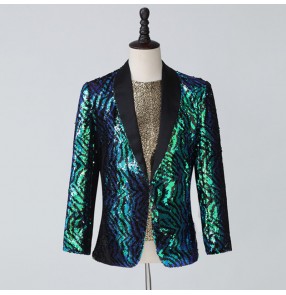 Green sequins jazz dance blazers for men singers host performance coats wedding carnival party banquet magician performing blazers