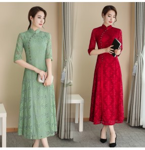 Green silver red lace half sleeves Chinese dresses oriental retro qipao dress Plus size for women daily mid-length improved cheongsam dress