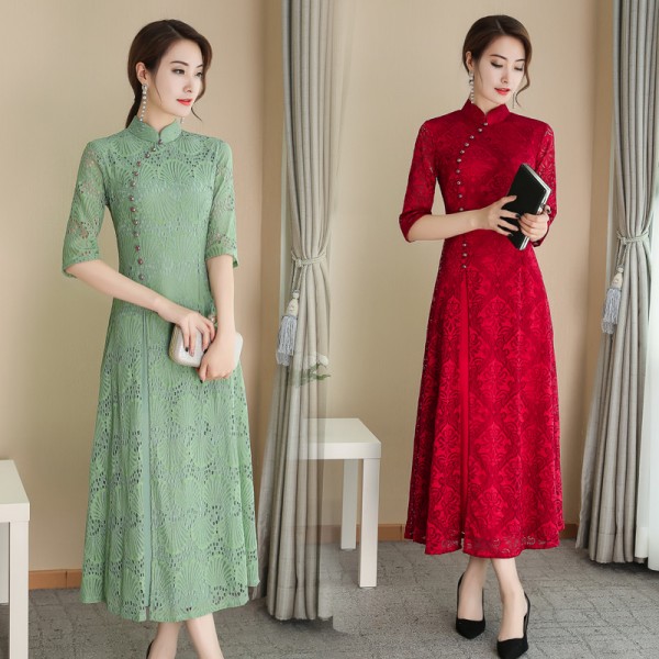 Green silver red lace half sleeves Chinese dresses oriental retro qipao ...