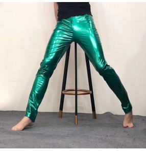 Green violet Pu Leather singers jazz dance Pants for men Elastic Tight Sexy nightclub bar pole hot dance Trousers Soft Patent Leather gogo dancers PU Pants