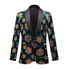 Green with gold paillette flowers jazz dance blazers for men youth singers host chorus stage performance lapel collar coats solo performance jackets for man