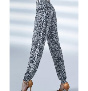 Grey leopard black latin dance pants for women ballroom latin rumba salsa cha cha dance practice jogger pants long trousers for lady