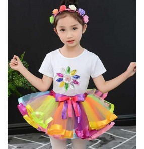 Grils rainbow colored jazz dance dresses kindergarten school chorus singers host kindergarten stage performance dress costumes