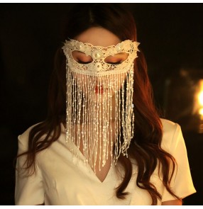 Halloween masquerade party cosplay tassels mask for women girls stage dance performance masked half face tassel white fairy masks